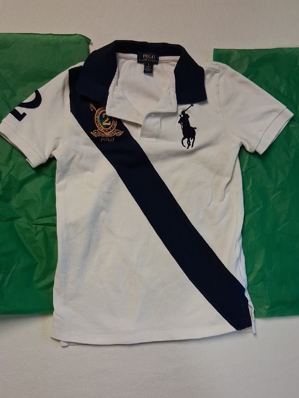 Polo by Ralph Lauren White Polo with Navy Diagonal Stripe & Crest Size 7 Boy